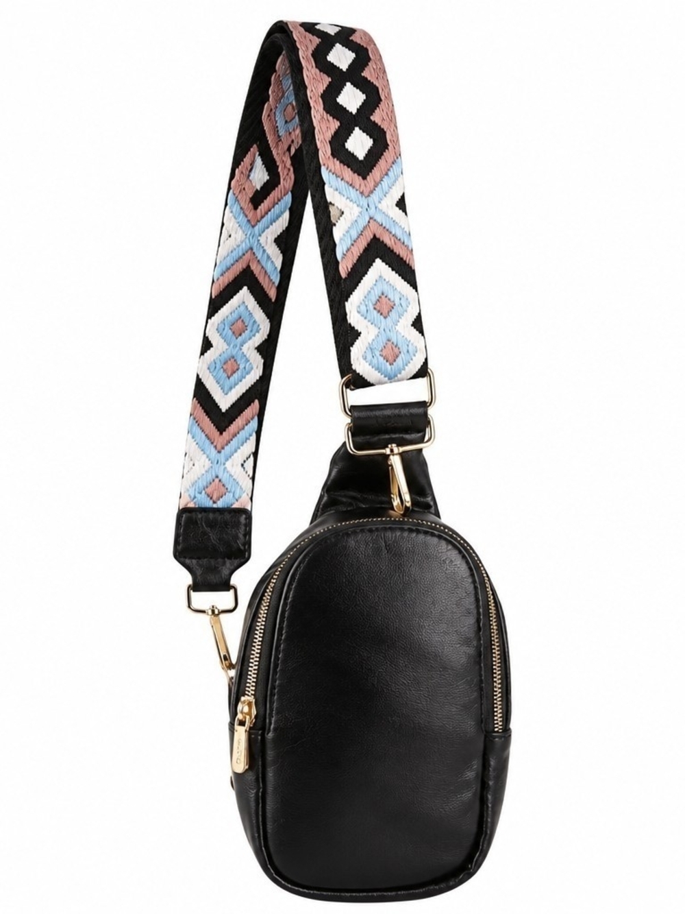 Black Crossbody Bag with Patterned Woven Strap